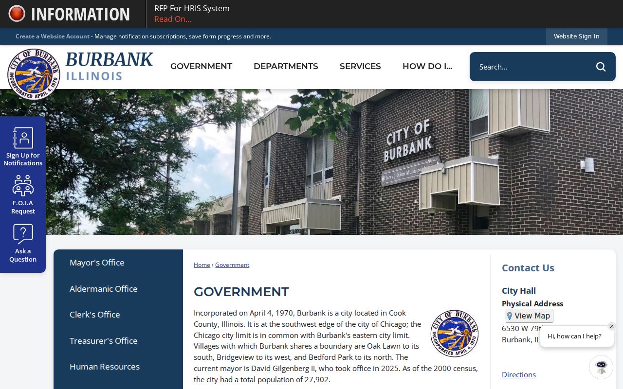 Burbank government page used to identify municipal records and offices