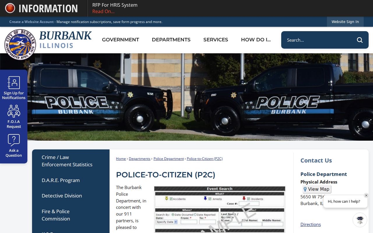 Burbank resident lookup route on the Police-to-Citizen page