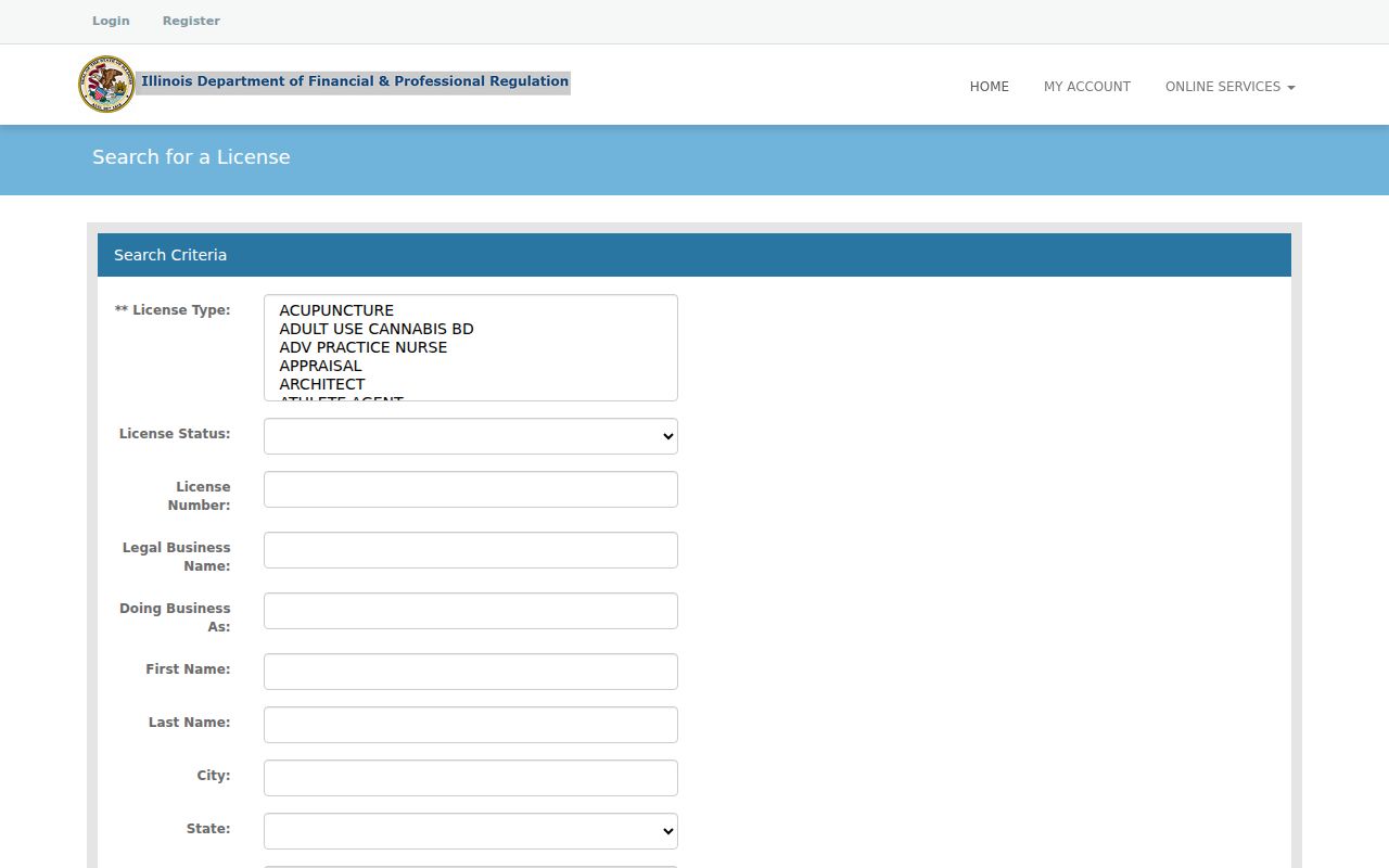 Burbank resident lookup in the Illinois professional license portal